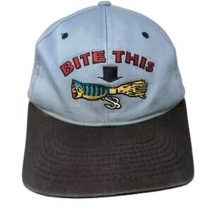 Shoebox Snapback Hat Blue Black OS Bite This Fishing Lure Adjustable Embroidered